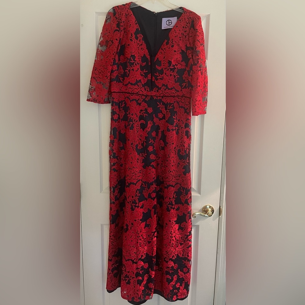 NWOT JS Collections navy and red 3/4 sleeve lace embroidered gown. Size 12